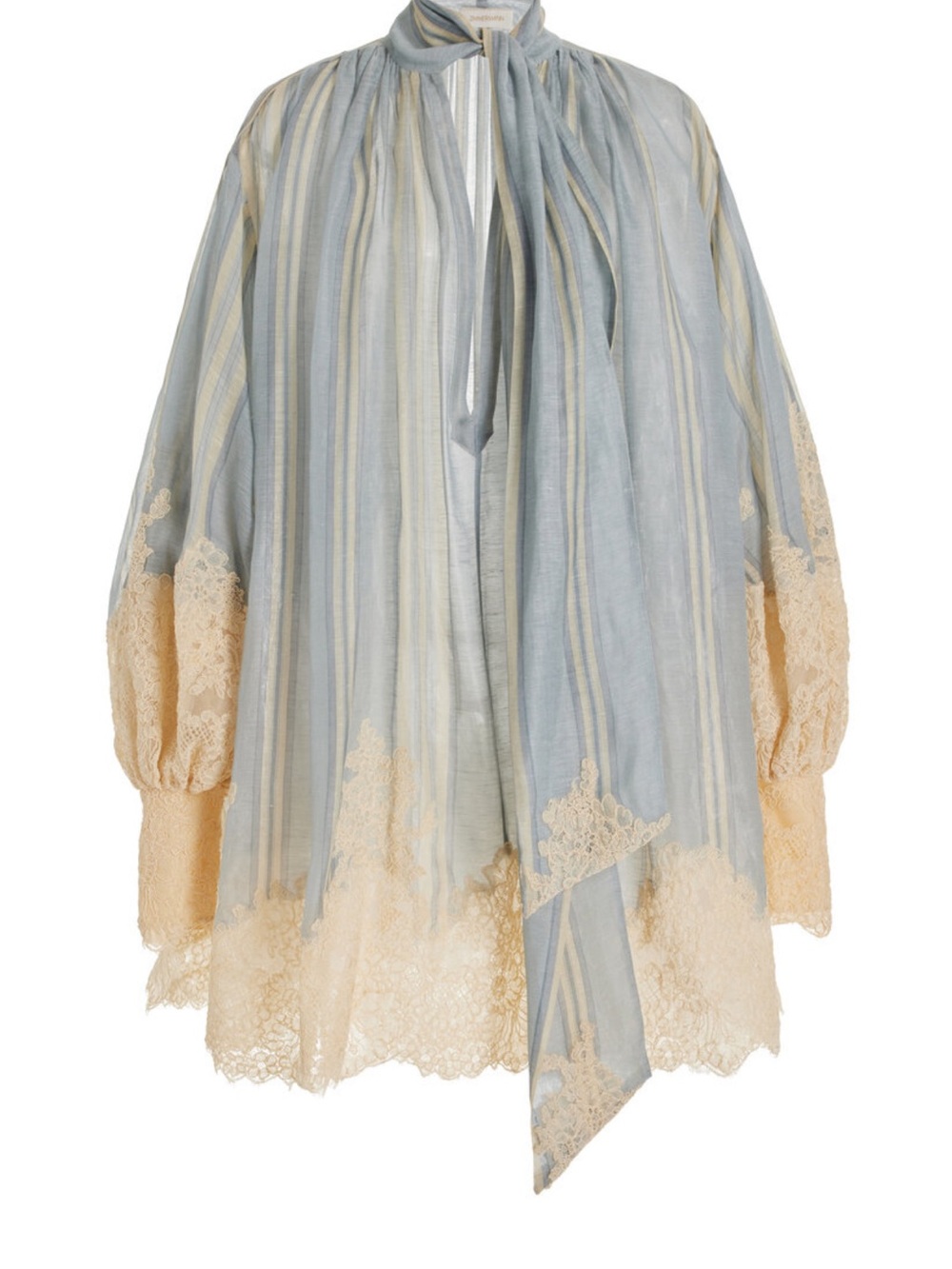 Zimmermann Silk Blend Striped Sleep Tunic with Lace Trim - Blue & Cream